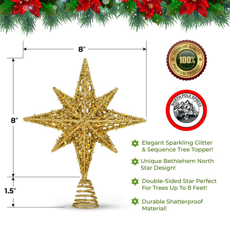 NorthPoleXpress 8 Inch Bethlehem Glitter Gold Star Christmas Tree Topper | Tree Toppers | Christmas Star Tree Topper | Rustic Tree Toppers Christmas Decorations | Christmas Tree Topper for 3-6 ft Trees - Image 4
